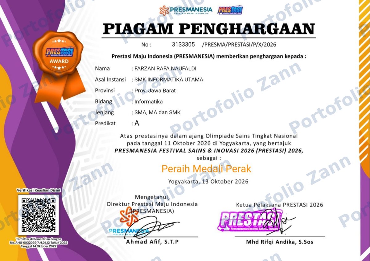Piagam penghargaan Medali Perak PRESTASI 2026