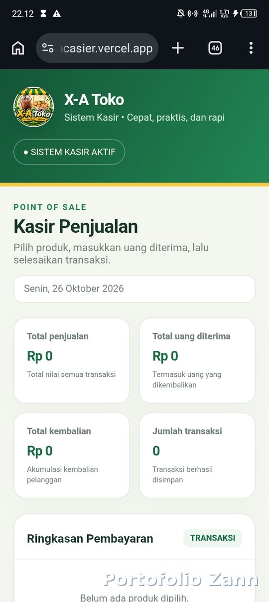 Halaman utama kasir X-A Toko